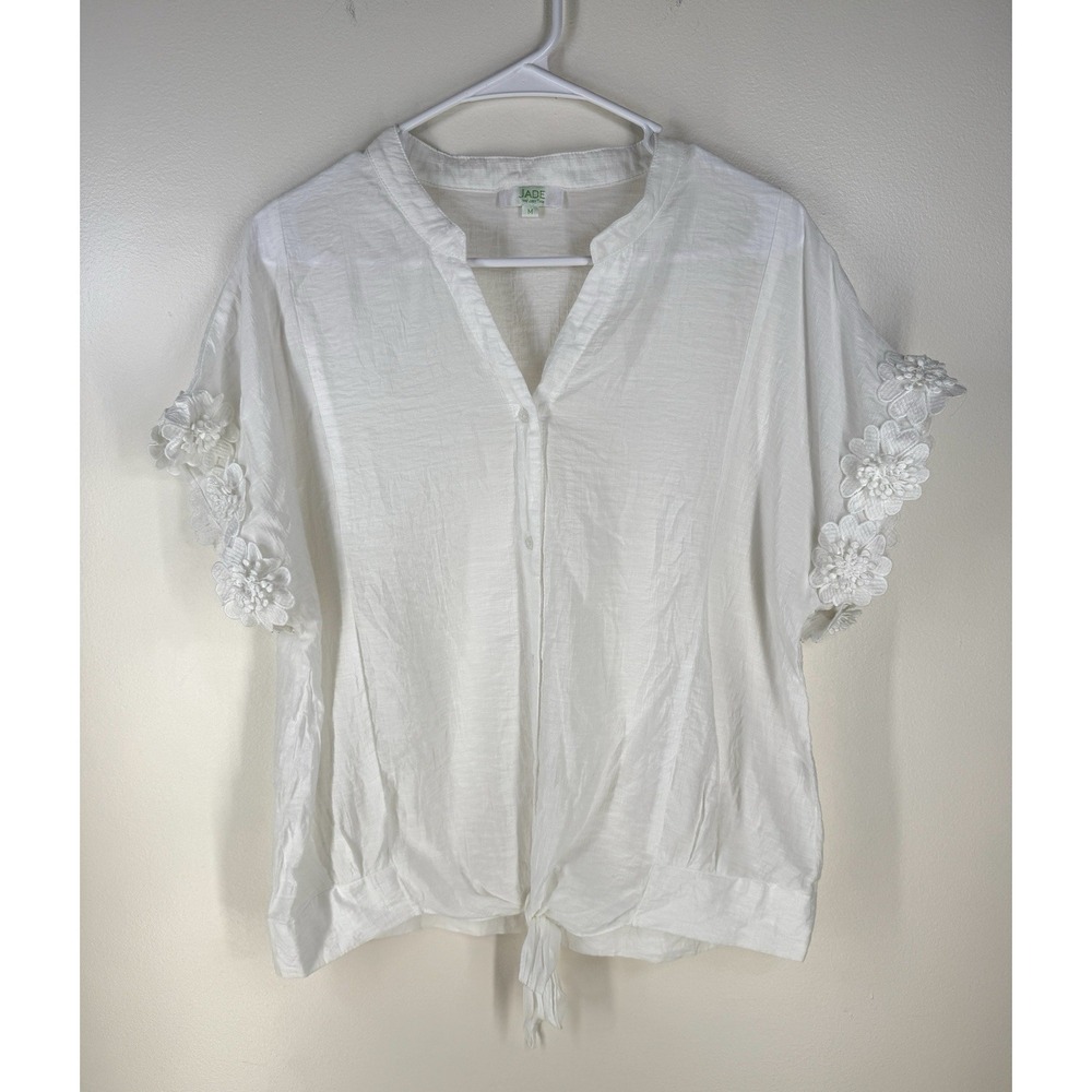 Jade Melody Tam Womens Blouse White Medium Short Sleeve Floral Appliqué Tie